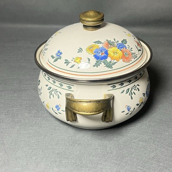 Vintage Kamenstein Dutch Oven W/Lid Enamel & Brass Cookware Floral 2 Quart Pot - Picture 2 of 11